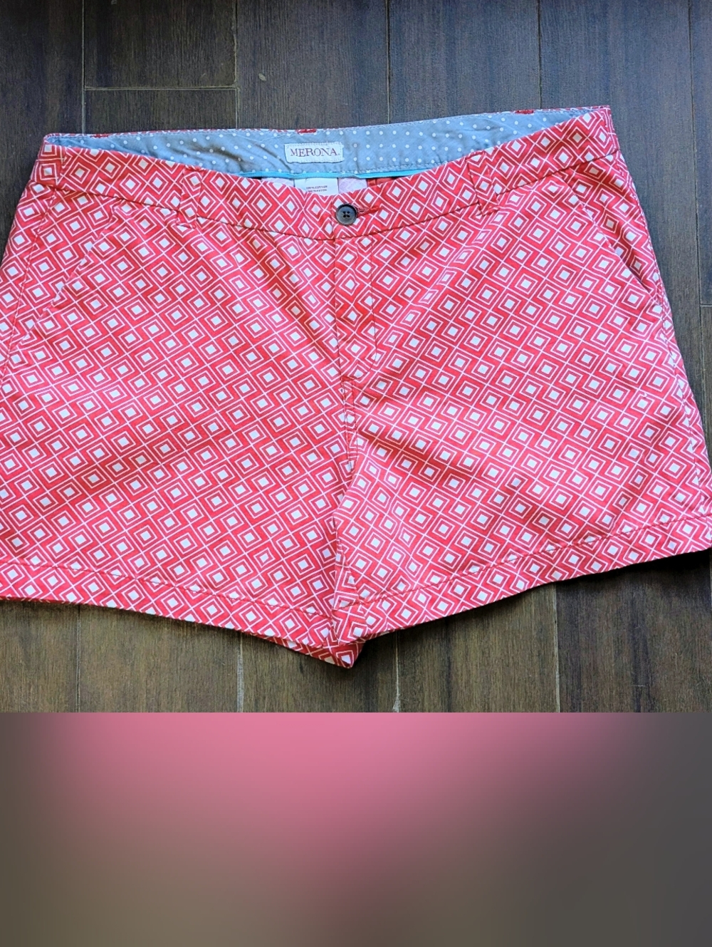 Merona Coral Pink Salmon Pink Geometric Print Women’s Shorts 14 L XL 100% Cotton
